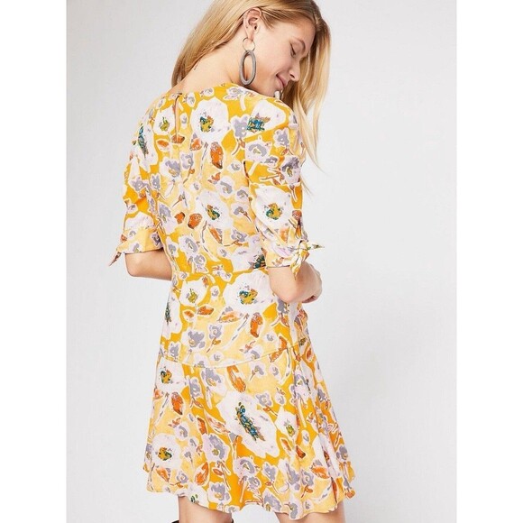 Free People Dress Size 4 Glow Up‎ Mini Short Sleeve Yellow Floral Babydoll NEW - Picture 2 of 13